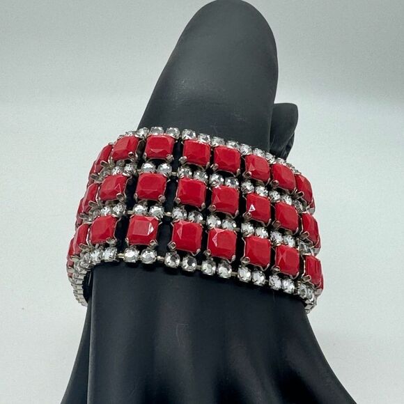 Lane Bryant 2 inch Width Sparkling Red Silver tone Bangle Style Bracelet - Picture 2 of 5